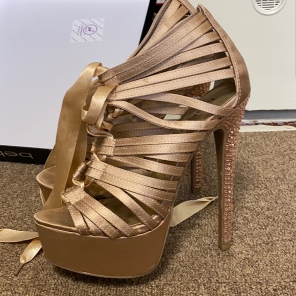 bebe Shoes - Bebe Champagne Gold Rina Satin Ribbon Lace Ups Rhinestone Platform Heels Size 7